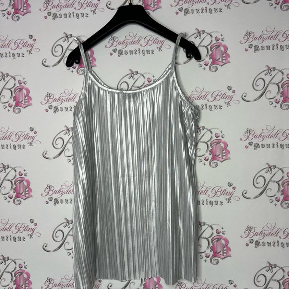 H&M pleated tank top ribbon tie straps silver shiny metallic disco πͺ© style - Picture 9 of 10